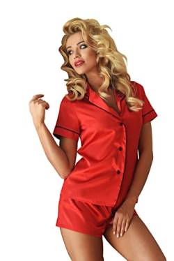 Kalimo Damen Imperia Zweiteiliger Set Pyjama | Farbe: Rot | Größe: L | Satin | Aufgeknöpftes Nachthemd | Schlafanzug mit Knöpfen | Nachthemd Nachtwäsche | Glänzende Kurzärmeliges Hemd Kurze Shorts von Kalimo