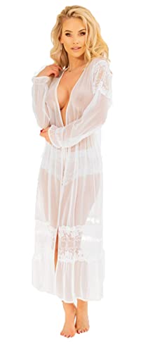 Kalimo Weißer langer Damen Morgenmantel transparent aus Tüll und Spitze inkl Shorts Dessous Peignoir L von Kalimo