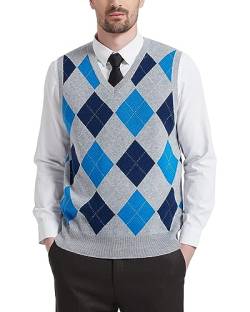 Kallspin Herren Argyle Gestrickt Ärmellos Pullover Wollmischung V-Ausschnitt Strickwesten(Hellgrau, 4XL) von Kallspin