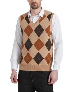 Kallspin Herren Argyle Gestrickt Ärmellos Pullover Wollmischung V-Ausschnitt Strickwesten(Khaki, L) von Kallspin