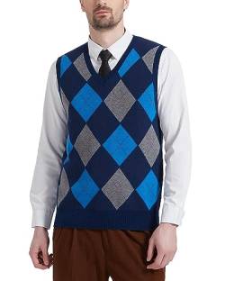 Kallspin Herren Argyle Gestrickt Ärmellos Pullover Wollmischung V-Ausschnitt Strickwesten(Marineblau, 4XL) von Kallspin