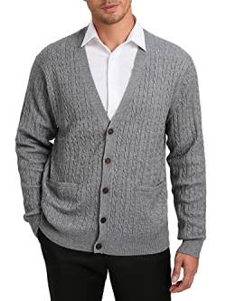 Kallspin Herren Strickjacke aus Wollmischung Zopfstrick-Cardigan mit Knopfverschluss und Taschen(Hellgrau, XL-Tall) von Kallspin