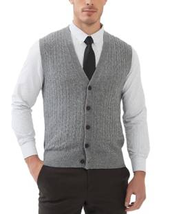 Kallspin Herren Strickweste Ärmellos Cardigan Wollmischung mit Zopfmuster und Knöpfen(Hellgrau, 3XL-Tall) von Kallspin