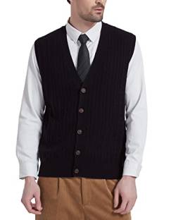 Kallspin Herren Strickweste Ärmellos Cardigan Wollmischung mit Zopfmuster und Knöpfen(Schwarz, L-Tall) von Kallspin