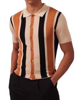 Kallspin Herren Vintage Polo Shirt Retro 1960s Gestreiftes Strick Golfshirt(Beige XXX-Large) von Kallspin