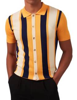 Kallspin Herren Vintage Polo Shirt Retro 1960s Gestreiftes Strick Golfshirt(Gelb XXX-Large) von Kallspin
