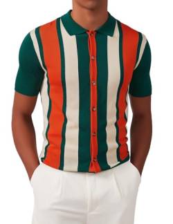 Kallspin Herren Vintage Polo Shirt Retro 1960s Gestreiftes Strick Golfshirt(Grün XXX-Large) von Kallspin
