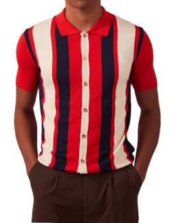 Kallspin Herren Vintage Polo Shirt Retro 1960s Gestreiftes Strick Golfshirt(Rot X-Large) von Kallspin