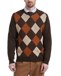Kallspin Herren Wollmischung Strickpullover Argyle Rundhalsausschnitt Pullover Sweater(Braun, 2XL) von Kallspin