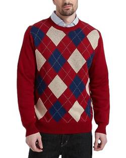 Kallspin Herren Wollmischung Strickpullover Argyle Rundhalsausschnitt Pullover Sweater(Burgunderrot, 2XL) von Kallspin