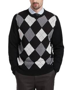 Kallspin Herren Wollmischung Strickpullover Argyle Rundhalsausschnitt Pullover Sweater(Schwarz, 2XL) von Kallspin