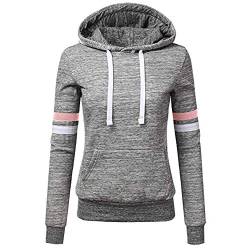 KaloryWee Sweatshirts für Damen, Übergröße, gestreifter Kordelzug, langärmelig, Kapuze, Pullover mit Kängurutaschen vorne Gr. 44, grau von KaloryWee Coats