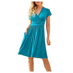 KaloryWee Damen Kleid Elegant Sommer,V-Ausschnitt Kurzarm Hoher Taille Mittlere Längekleid Damen Mode Blumen Drucken Kleider Schlanker Klassisch Retro Basic Sommerkleider Freizeitkleider für Damen von KaloryWee