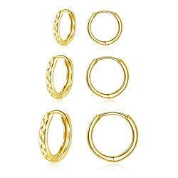 Kamise Creolen Silber 925 Ohrringe für Damen, 3 Paare 925 Sterling Silber Creolen Ohrringe Set, Gold Unisex Klein Schlafen Kreolen, Silber Creolen Ohrringe für Damen Mädchen, Durchmesser in 10 12 14mm von Kamise