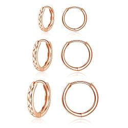 Kamise Creolen Silber 925 Ohrringe für Damen, 3 Paare 925 Sterling Silber Creolen Ohrringe Set, Rose Gold Unisex Klein Kreolen, Silber Creolen Ohrringe für Damen Mädchen, Durchmesser in 10, 12, 14mm von Kamise