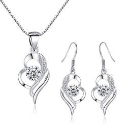 Kamise Schmuck Set Damen Silber 925, Liebe Silberkette & Haken Ohrringe Hängend Set mit Weiß Zirkonia, Herz Halskette und Haken Ohrhänger, Romantic Geschenk mit Geschenkbox für Mutter Frau Freundin von Kamise