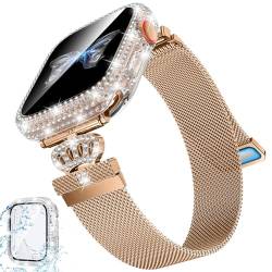 Kamita Metall Uhrenarmbänder für Apple Watch Serie SE 6 5 4 44mm, Einstellbar Mailänder Smartwatch Armbänder aus Edelstahl Magnetisch Ersatzarmband mit Diamant Hülle für iWatch 44mm (Roségold) von Kamita