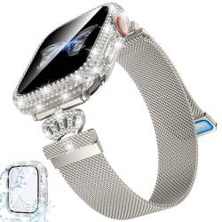 Kamita Metall Uhrenarmbänder für Apple Watch Serie SE 6 5 4 44mm, Einstellbar Mailänder Smartwatch Armbänder aus Edelstahl Magnetisch Ersatzarmband mit Diamant Hülle für iWatch 44mm (Sternenlicht) von Kamita
