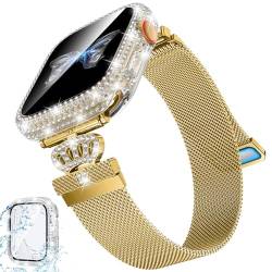 Kamita Metallgeflecht Ersatzarmband Kompatibel mit Apple Watch Armband 45mm 44mm, Einstellbar Magnetisch Edelstahl Armbänder Mailänder Smartwatch Armband mit Diamant Hülle für iWatch 45mm (Gold) von Kamita