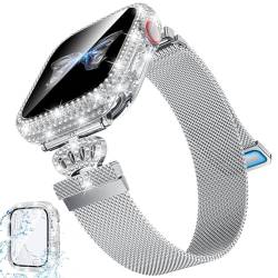 Kamita Metallgeflecht Ersatzarmband Kompatibel mit Apple Watch Armband 45mm 44mm, Einstellbar Magnetisch Edelstahl Armbänder Mailänder Smartwatch Armband mit Diamant Hülle für iWatch 45mm (Silber) von Kamita