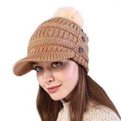 Kangqifen Damen Warmes Futter Schirmmütze Wintermütz Strickmütze mit Bommel Visier 3 Knöpfe Khaki von Kangqifen