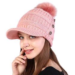 Kangqifen Damen Warmes Futter Schirmmütze Wintermütz Strickmütze mit Bommel Visier 3 Knöpfe Rosa von Kangqifen