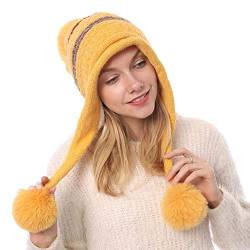 Kangqifen Damen Winter Gestreifte Fleece Gefüttert Warme Strickmütze Bommelmütz Gestrickte Mütze mit Ohrenklappen 3 Pompon (Gelb) von Kangqifen