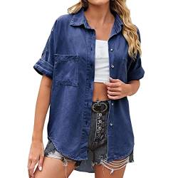 Damen Jeanshemd Kurzarm Shirt Bluse Sommer Oberteile Revers Denim Shirts mit Knopf Retro T-Shirt Hemdbluse Lose Lässig Jeansbluse Sommershirt Tops von Kanpola Damen Sweatshirts