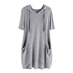 Kanpola Bluse Damen Tshirt Longshirt Sommer Kurzarm Oberteile Große Größen Einfarbig Shirt Sommershirts mit Kapuze Tasche Lose T-Shirt Hemdbluse Tee Tops von Kanpola Damen Sweatshirts