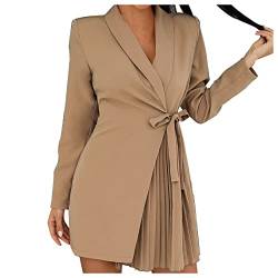 Kanpola Damen Elegant Business Blazer Kleid mit Schnürung Herbst Winter Langarm Etuikleid V-Ausschnitt Anzugkleid Mini Blusenkleid Plisseekleid Elegant Mantelkleid Dress von Kanpola Damen Sweatshirts