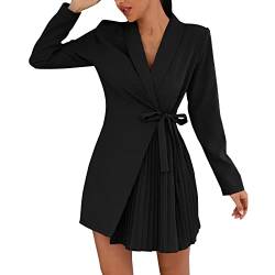 Kanpola Damen Elegant Business Blazer Kleid mit Schnürung Herbst Winter Langarm Etuikleid V-Ausschnitt Anzugkleid Mini Blusenkleid Plisseekleid Elegant Mantelkleid Dress von Kanpola Damen Sweatshirts