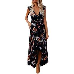 Kanpola Damen Kleider Sommer Lang Elegant Kleid Ärmellose V-Ausschnitt Sommerkleid Maxikleid Blumenmuster Blusenkleid Tunikakleider Strandkleid mit Aushöhlen von Kanpola Damen Sweatshirts