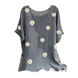 Kanpola Leinen Top Bluse Damen Kurzarm Oversize Shirt Sommer Blumen T-Shirt Rundhals Longshirt Retro Casual ÜBergrößE Oberteile Loose Fit von Kanpola Damen Top