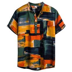 Kanpola Leinenhemd Herren Hemden Kurzarm Freizeithemd Hawaii Blumen Gedruckt Hemd Sommer Locker Shirt Strand Atmungsaktives Kurzarmhemd Männer von Kanpola Herren Top