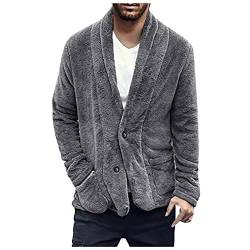 Kanpola Teddy Jacke Herren Warm Winterjacke V-Ausschnitt Plüschjacke Herbst Winter Knopfleiste Fleecejacke Einfarbig Freizeitjacke Wintermantel mit Tasche von Kanpola Herren Top