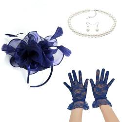 Fascinator-Set für Damen, elegant, Perlen, Halskette, Ohrringe, Spitze, Handschuhe, Set, 1920er-Jahre, vielseitige Kopfbedeckung, schwarzer Schleier für Damen von Kaohxzklcn
