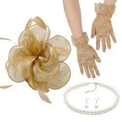 Fascinator-Set für Damen, elegant, Perlen, Halskette, Ohrringe, Spitze, Handschuhe, Set, 1920er-Jahre, vielseitige Kopfbedeckung, schwarzer Schleier für Damen von Kaohxzklcn