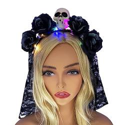 Kaohxzklcn Gruselige LED-Haarbänder mit leuchtenden Blumen, Totenkopf-Haarreifen, Halloween-Stirnbänder für Frauen und Mädchen, Hochzeit, Partyzubehör, Halloween-Blumen-Stirnband für Damen von Kaohxzklcn