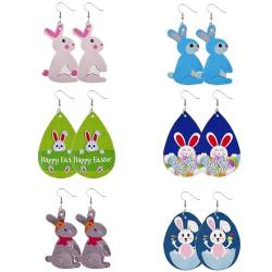 6 Paar Tropfenförmige Osterei-Hasen-Ohrringe: niedliche baumelnde Ohrringe, Leder, Kein Edelstein von Kapmore
