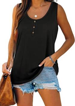 Kapoohott Damen Tops Sommer Ärmellos Tank Tops Elegant Oberteile Freizeit Lose Einfarbig Tunika Shirts mit Tasten L&Schwarz von Kapoohott