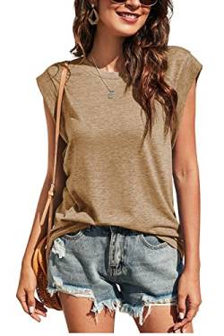 Kapoohott Tshirt Damen Sommer Elegant Ärmellos T Shirt Damen Kurzarm Oberteile Rundhals Basic Tops Bluse L&Kaffee von Kapoohott