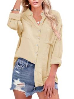 Karlywindow Damen Bluse V-Ausschnitt Casual Langarmshirt Baumwolle Oberteil Elegant Tunika Hemd mit Brusttaschen, Beige, S von Karlywindow