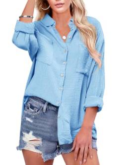 Karlywindow Damen Bluse V-Ausschnitt Casual Langarmshirt Baumwolle Oberteil Elegant Tunika Hemd mit Brusttaschen, Blau, XL von Karlywindow