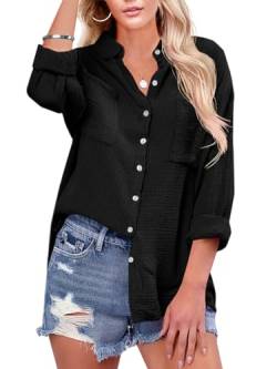 Karlywindow Damen Bluse V-Ausschnitt Casual Langarmshirt Baumwolle Oberteil Elegant Tunika Hemd mit Brusttaschen, Schwarz, M von Karlywindow