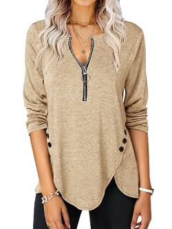 Karlywindow Damen Langarmshirt V-Ausschnitt Halbem Reißverschluss T-Shirt Seite Knopf Oberteile Freizeit Tunika Hemden, Khaki, M von Karlywindow