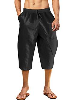 Karlywindow Herren 3/4 Hose Lose Sommer Leinenhose Elastischer Bund Strandhose mit Seitentasche Schwarz L von Karlywindow