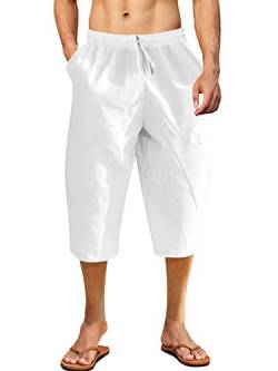 Karlywindow Herren 3/4 Hose Lose Sommer Leinenhose Elastischer Bund Strandhose mit Seitentasche Weiß L von Karlywindow