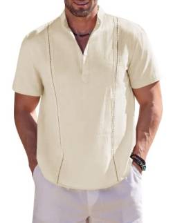 Karlywindow Herren Kurzarm Hemd Sommer Freizeithemd Kuba Hawaiihemd mit Stehkragen V Neck Herren Top Beige XL von Karlywindow