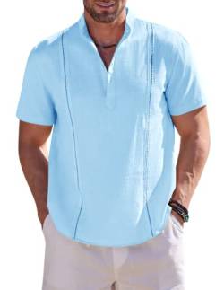 Karlywindow Herren Kurzarm Hemd Sommer Freizeithemd Kuba Hawaiihemd mit Stehkragen V Neck Herren Top Blau L von Karlywindow