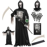 Karneval-Klamotten Kostüm Skelett Kind Grim Reaper mit Knochenaufdruck, Kinderkostüm Jungen Halloween MIT Totenkopf Maske Sense Handschuhe von Karneval-Klamotten